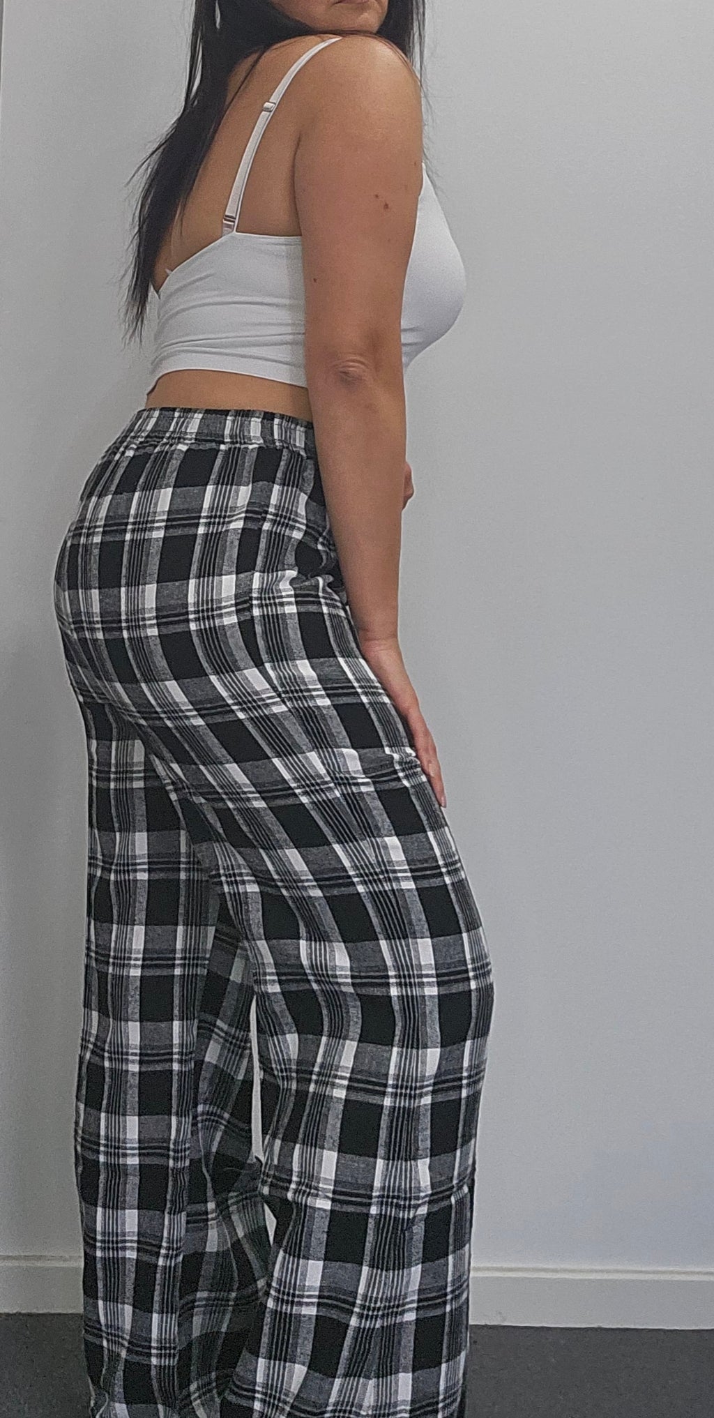 PLAID WIDE LEGGED PANTS - BLACK