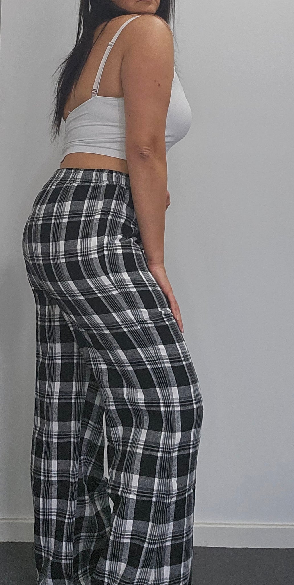 PLAID WIDE LEGGED PANTS - BLACK